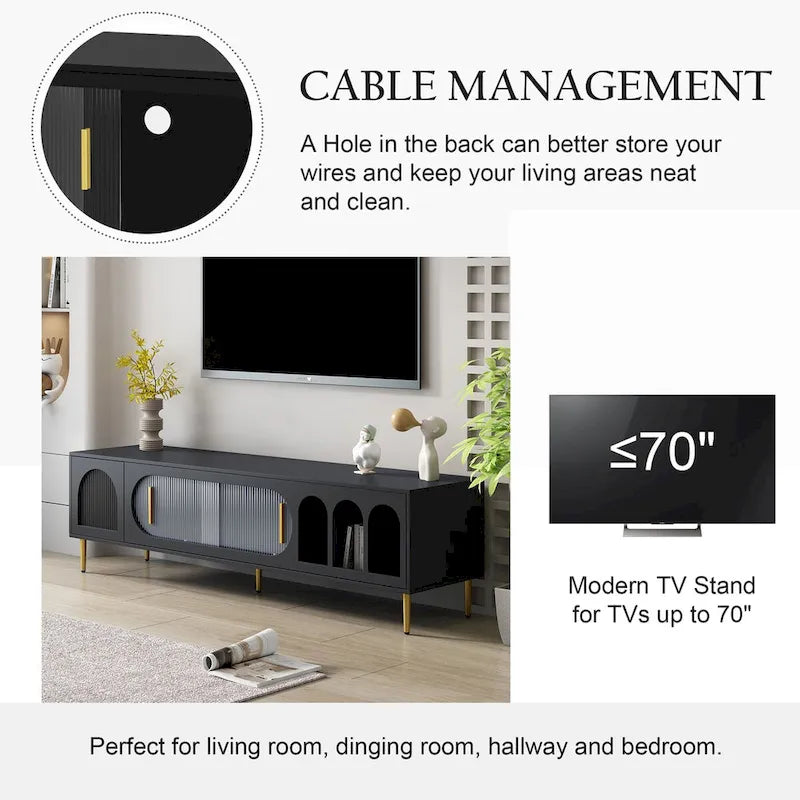 Meuble TV moderne pour téléviseurs jusqu'à 70 pouces, meuble console TV avec 3 étagères et 2 placards