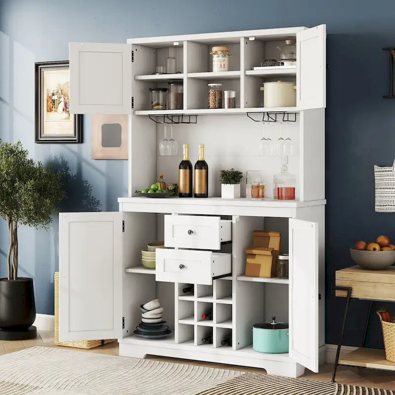 Meuble de rangement pour café, Meuble de cuisine avec rangements, Meuble de bar avec tiroirs, étagères et armoires, Buffet avec porte-bouteilles et verres