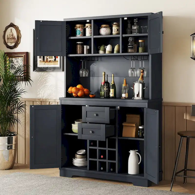 Meuble de rangement pour café, Meuble de cuisine avec rangements, Meuble de bar avec tiroirs, étagères et armoires, Buffet avec porte-bouteilles et verres