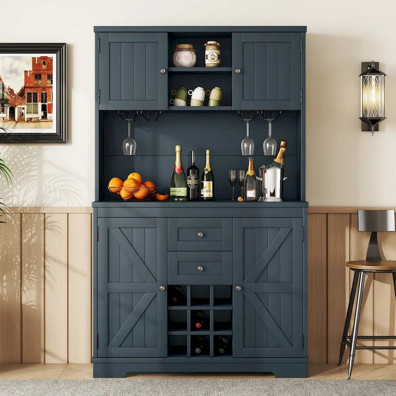 Meuble de rangement pour café, Meuble de cuisine avec rangements, Meuble de bar avec tiroirs, étagères et armoires, Buffet avec porte-bouteilles et verres