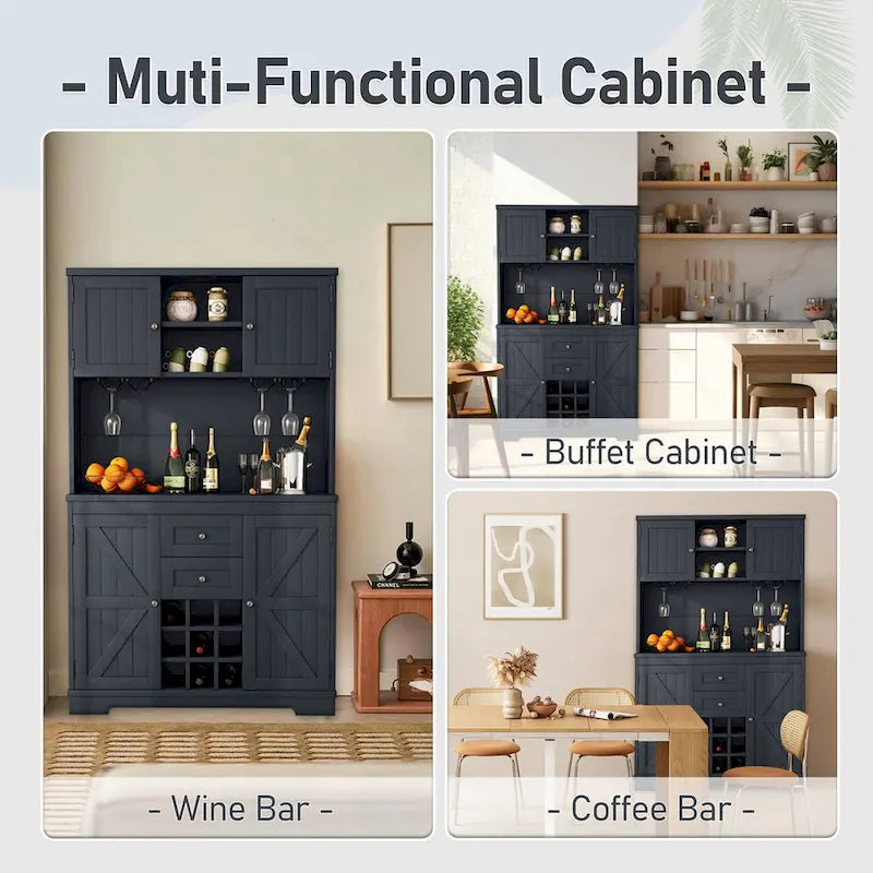 Meuble de rangement pour café, Meuble de cuisine avec rangements, Meuble de bar avec tiroirs, étagères et armoires, Buffet avec porte-bouteilles et verres