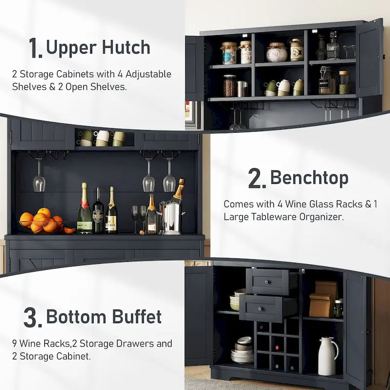 Meuble de rangement pour café, Meuble de cuisine avec rangements, Meuble de bar avec tiroirs, étagères et armoires, Buffet avec porte-bouteilles et verres