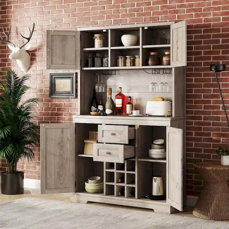 Meuble de rangement pour café, Meuble de cuisine avec rangements, Meuble de bar avec tiroirs, étagères et armoires, Buffet avec porte-bouteilles et verres