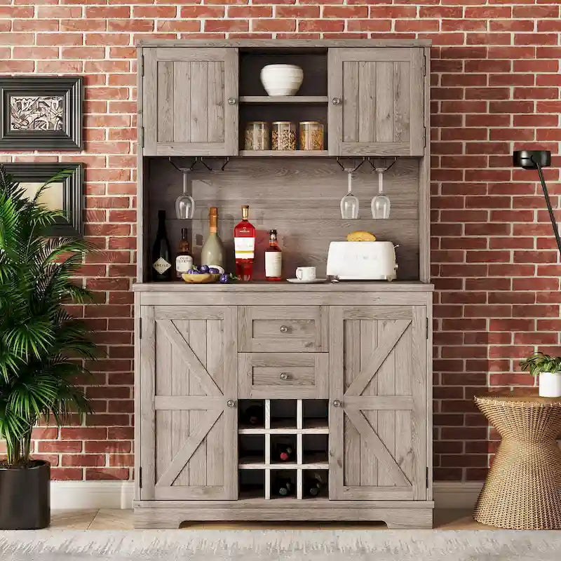 Meuble de rangement pour café, Meuble de cuisine avec rangements, Meuble de bar avec tiroirs, étagères et armoires, Buffet avec porte-bouteilles et verres