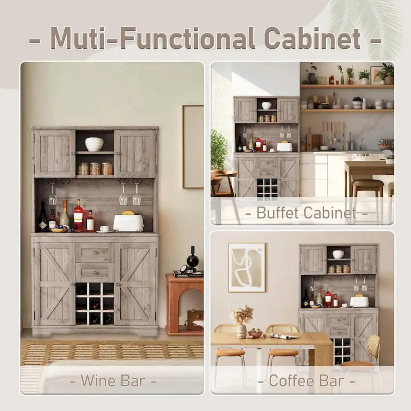 Meuble de rangement pour café, Meuble de cuisine avec rangements, Meuble de bar avec tiroirs, étagères et armoires, Buffet avec porte-bouteilles et verres