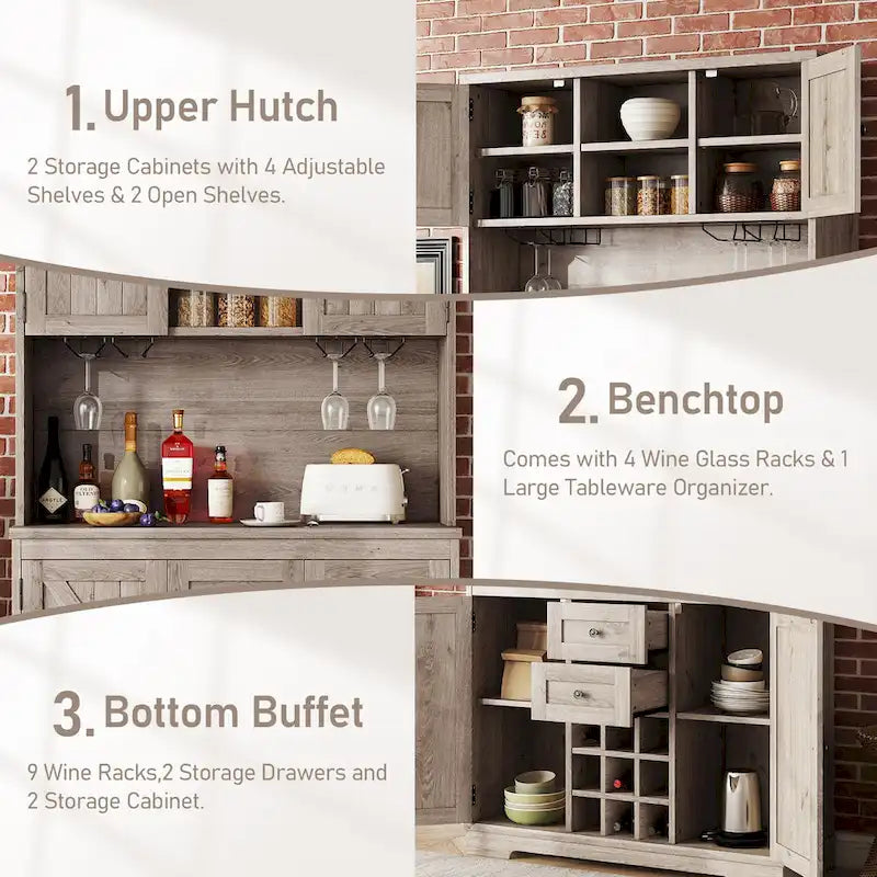 Meuble de rangement pour café, Meuble de cuisine avec rangements, Meuble de bar avec tiroirs, étagères et armoires, Buffet avec porte-bouteilles et verres