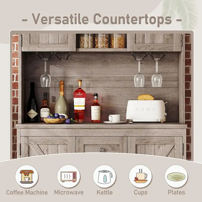 Meuble de rangement pour café, Meuble de cuisine avec rangements, Meuble de bar avec tiroirs, étagères et armoires, Buffet avec porte-bouteilles et verres