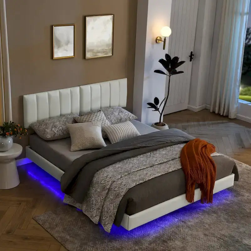 Floating Bed Frame With Led Lights And Wall Mounted Headboard