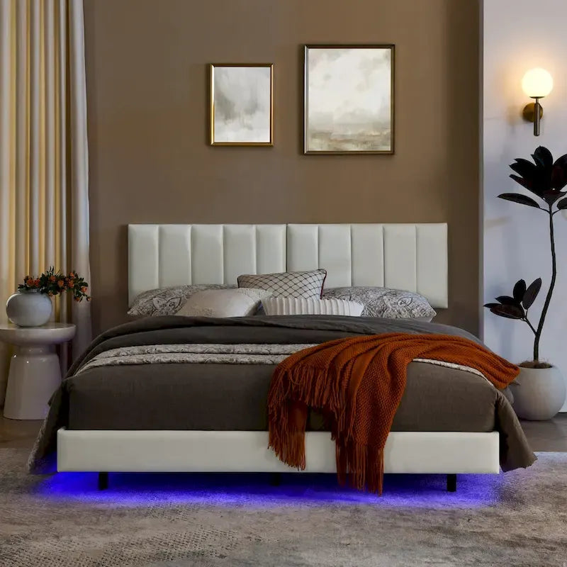 Cadre de lit flottant avec lumières LED et tête de lit murale