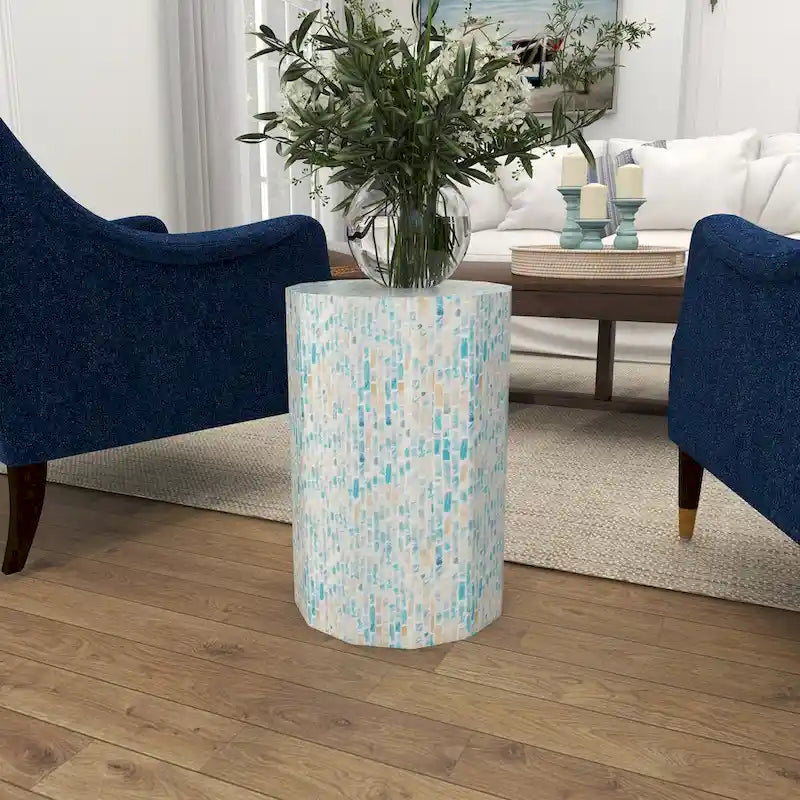 Table d'appoint ou de chevet en nacre incrustée à la main - Bleu - Roche River Decor