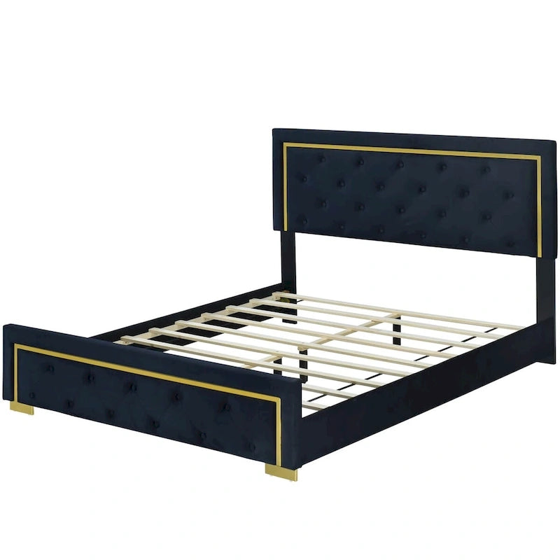 Lit plateforme capitonné Queen Size avec tête de lit capitonnée à points de traction