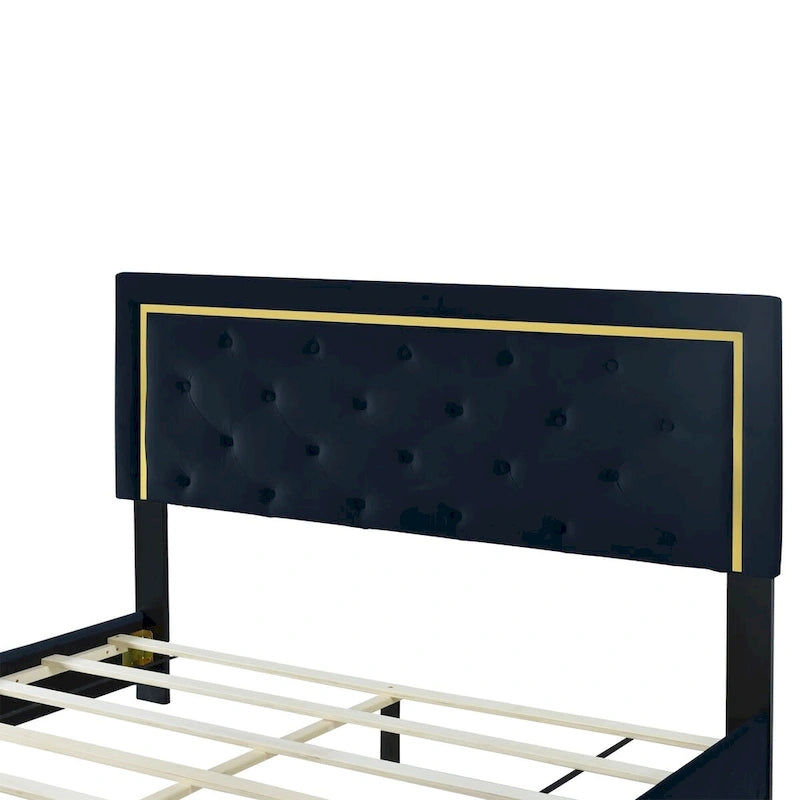 Lit plateforme capitonné Queen Size avec tête de lit capitonnée à points de traction