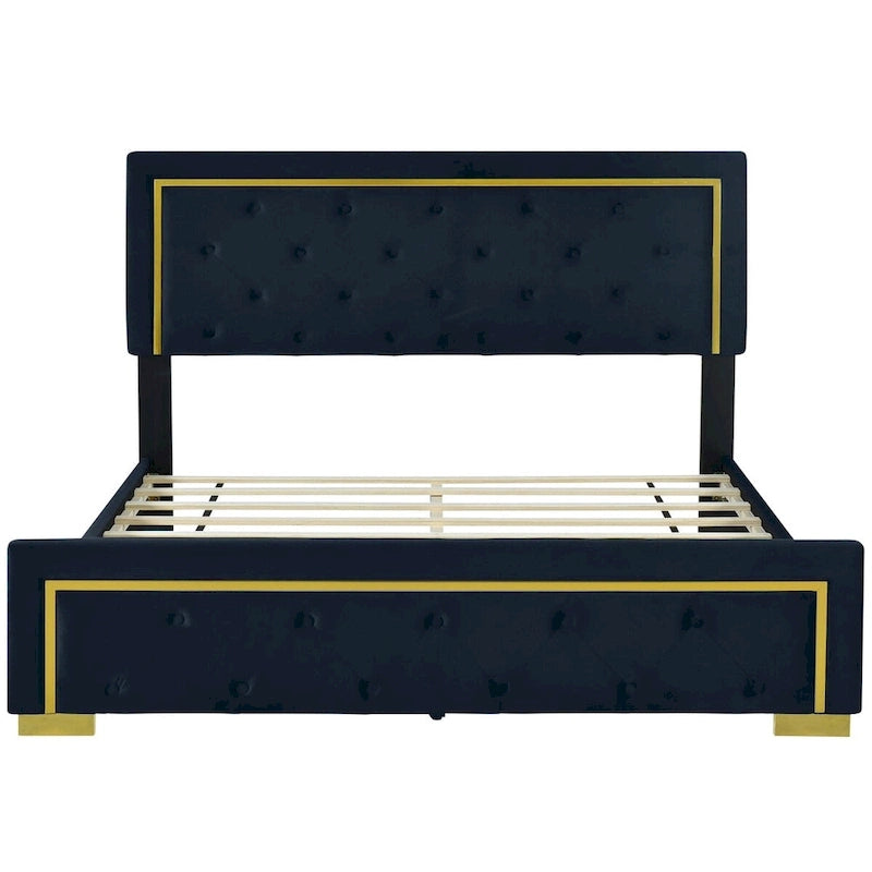 Lit plateforme capitonné Queen Size avec tête de lit capitonnée à points de traction