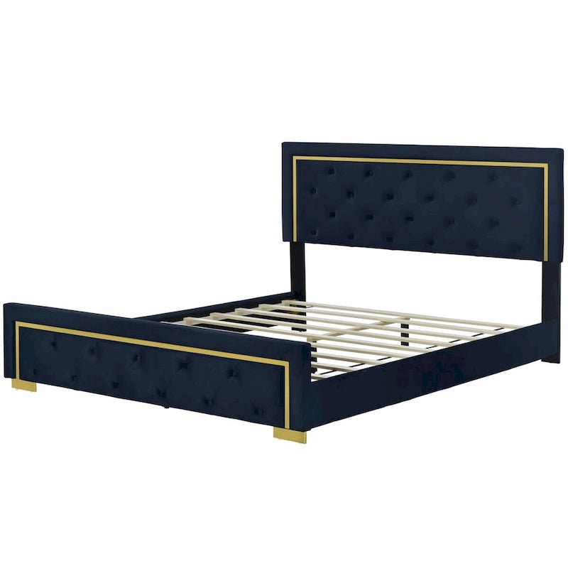 Lit plateforme capitonné Queen Size avec tête de lit capitonnée à points de traction