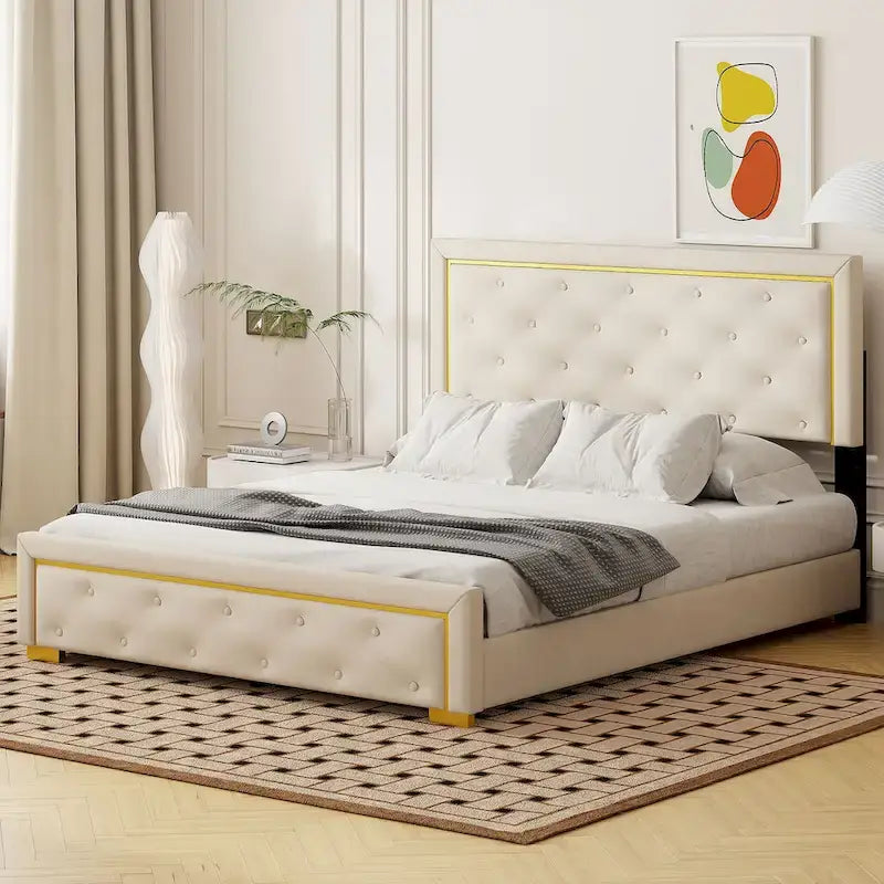 Lit plateforme capitonné Queen Size avec tête de lit capitonnée à points de traction