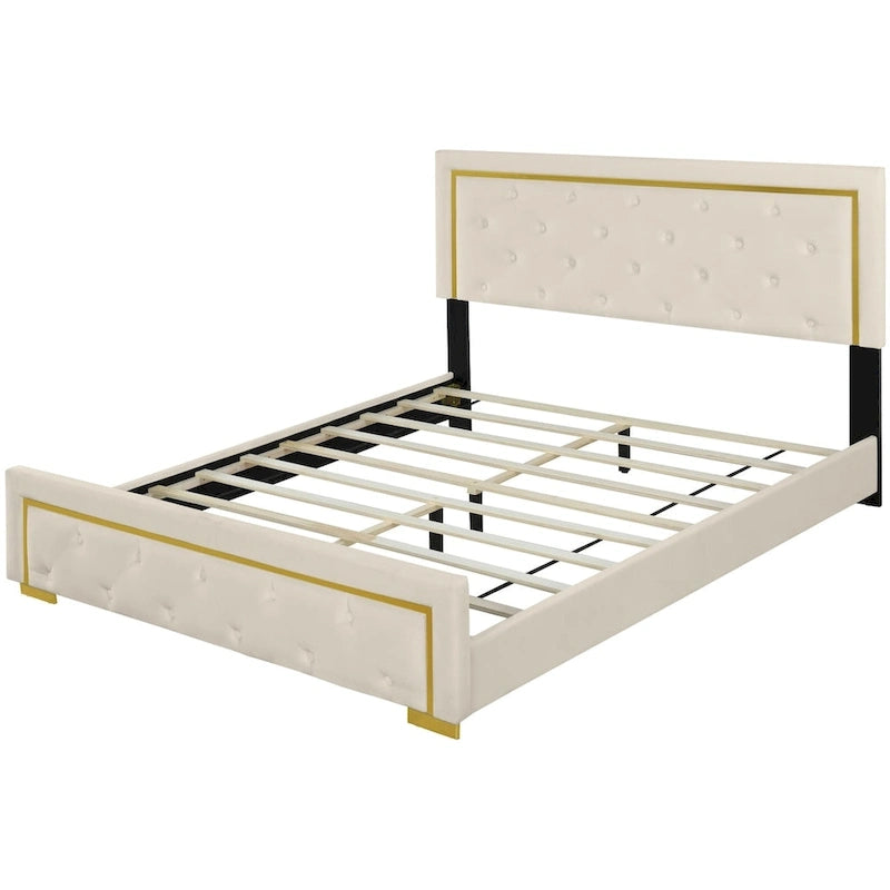 Lit plateforme capitonné Queen Size avec tête de lit capitonnée à points de traction