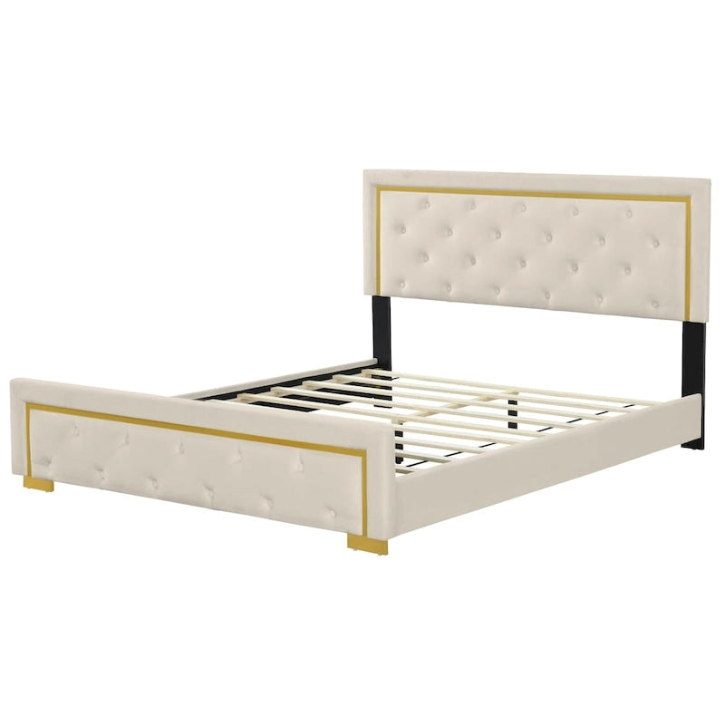 Lit plateforme capitonné Queen Size avec tête de lit capitonnée à points de traction