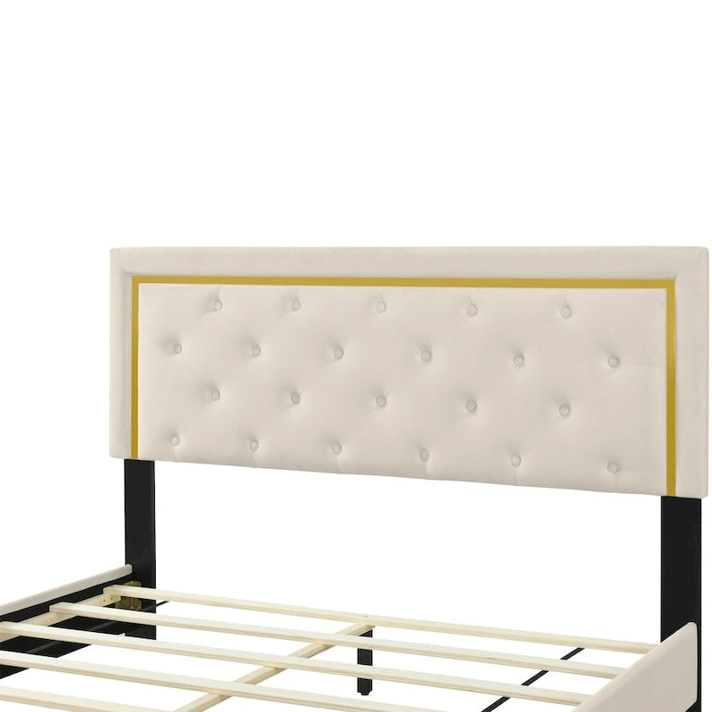 Lit plateforme capitonné Queen Size avec tête de lit capitonnée à points de traction