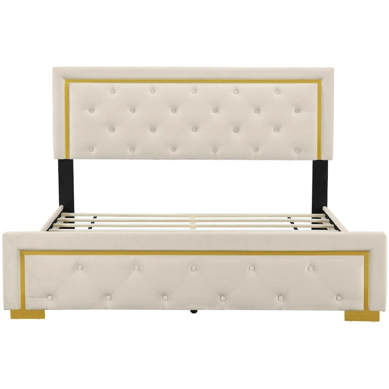 Lit plateforme capitonné Queen Size avec tête de lit capitonnée à points de traction