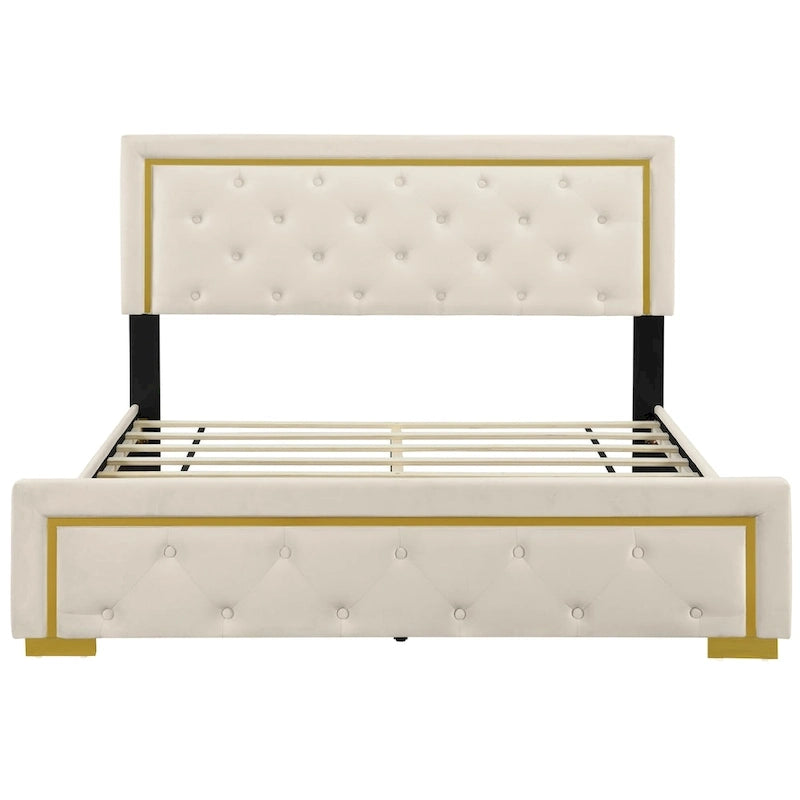 Lit plateforme capitonné Queen Size avec tête de lit capitonnée à points de traction