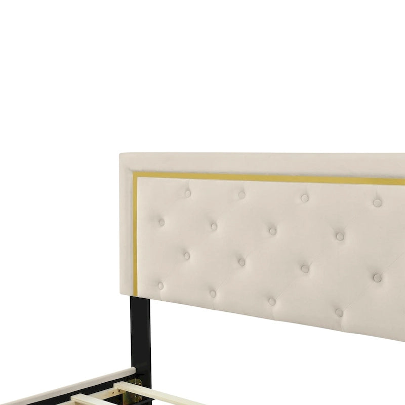 Lit plateforme capitonné Queen Size avec tête de lit capitonnée à points de traction