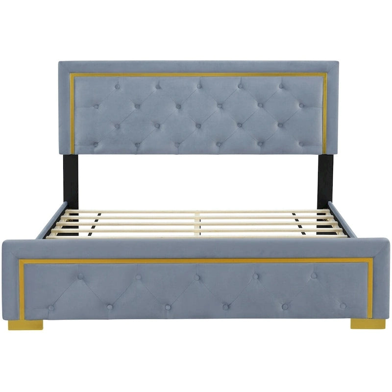 Lit plateforme capitonné Queen Size avec tête de lit capitonnée à points de traction