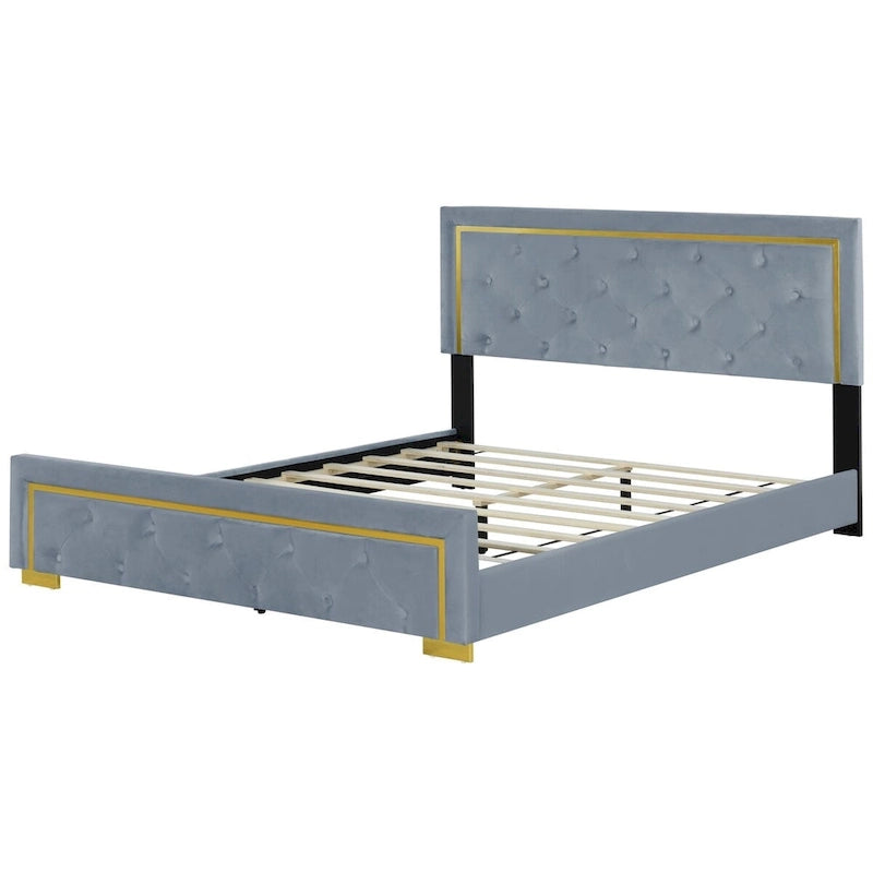 Lit plateforme capitonné Queen Size avec tête de lit capitonnée à points de traction