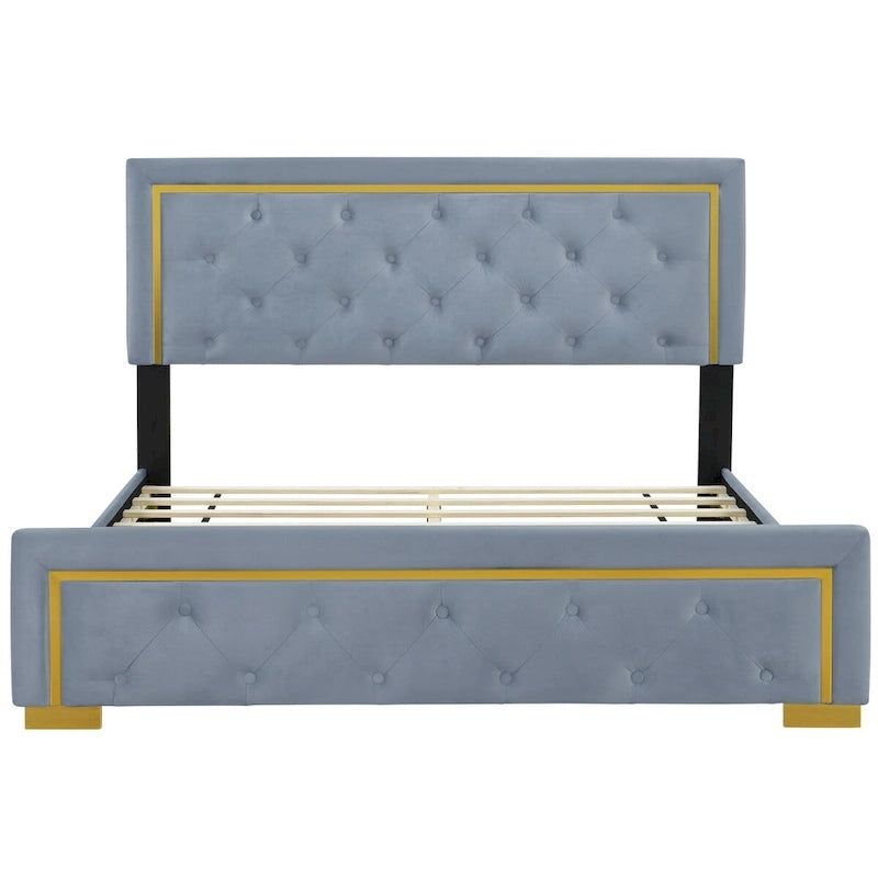 Lit plateforme capitonné Queen Size avec tête de lit capitonnée à points de traction