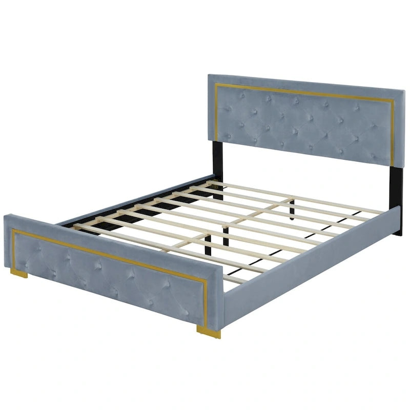 Lit plateforme capitonné Queen Size avec tête de lit capitonnée à points de traction