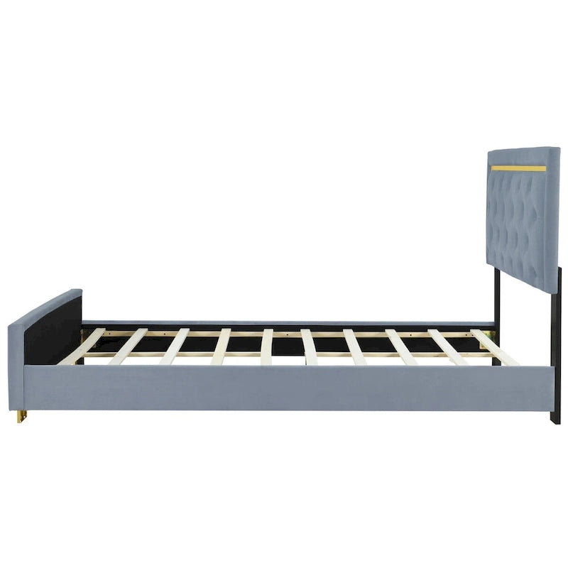 Lit plateforme capitonné Queen Size avec tête de lit capitonnée à points de traction