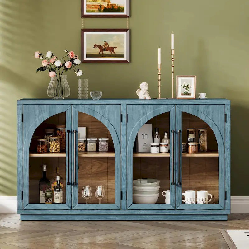 60 buffets de ferme vintage à 4 portes avec grande capacité de rangement, poignées en métal et étagères réglables
