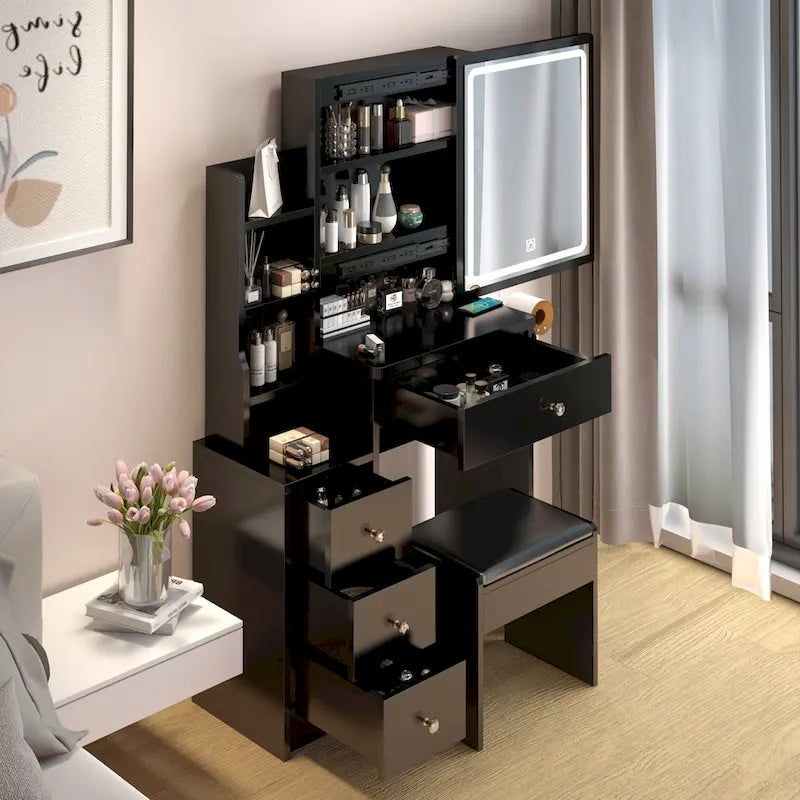Table et tabouret de maquillage avec miroir LED et port USB