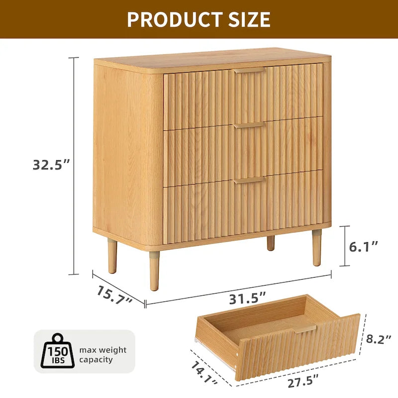 Commode 3 tiroirs, meuble de rangement avec panneau en forme de vague en bois