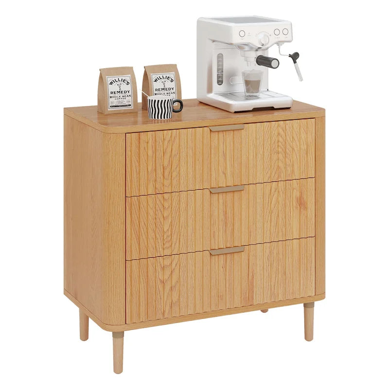 Commode 3 tiroirs, meuble de rangement avec panneau en forme de vague en bois