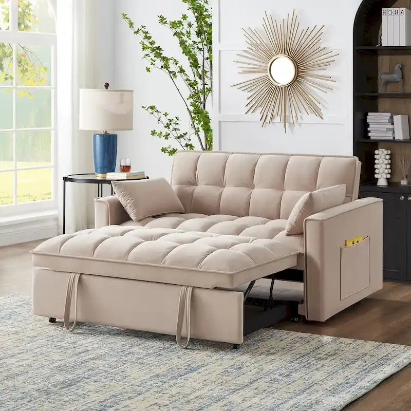 Canapé-lit convertible 4-en-1 – Causeuse en velours – Lit d'appoint avec dossier inclinable, 2 poches latérales